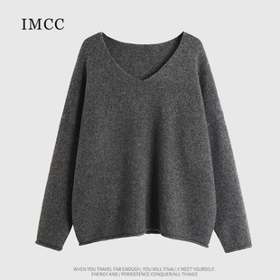 IMCC设计感小众浣熊毛柔软基础V领套头毛衣女宽松厚实上衣针织衫