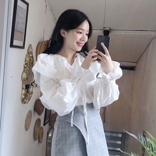 韩国chic秋装气质优雅法式小众，纯色荷叶边绑带喇叭袖宽松衬衫