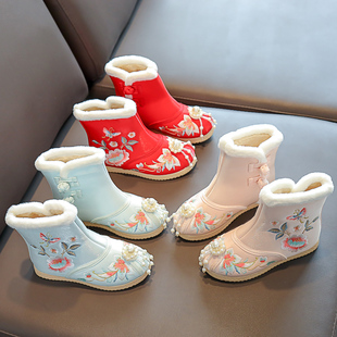 冬季加绒雪地短靴女民族风，女童老北京儿童布鞋棉鞋靴子汉服绣花鞋