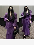 大码秋冬女胖mm高级紫色西装外套+荷叶边吊带连衣裙两件套装200斤