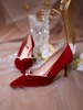 酒红色秀禾鞋婚鞋2024年夏季绒面高跟鞋女细跟珍珠中式新娘鞋
