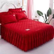 红色结婚庆床裙式单件，加厚夹棉韩式风床套防滑床单床罩枕套三件套