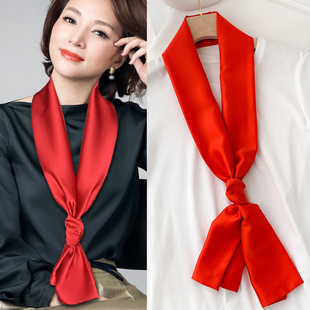 中国红丝巾女小长条大红色，细窄搭西装，衬衫装饰领巾绑包包长款围巾