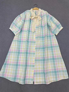 蕾丝系带领格子短袖连衣裙女2024夏季纯棉宽松中长款衬衫裙