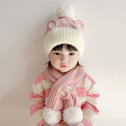 婴儿帽子冬季针织兔子毛线帽围巾，套装男女宝宝秋冬天保暖加绒加厚