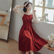女装丝绒长袖连衣裙拼接收腰显瘦红色日常舒适百搭纯棉百褶裙