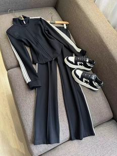 vanlu高街休闲!时髦运动套装，~立领拼色条纹织带，修身外套+阔腿裤
