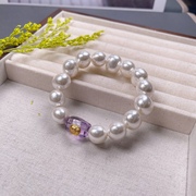 天然贝壳珍珠手链搭配复古s925纯银镀金镶嵌紫水晶配饰手串简约
