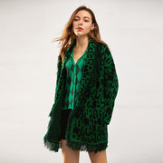法式开衫女针织大衣秋冬宽松加厚慵懒风绿色豹纹高级感毛衣外套