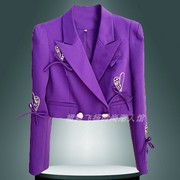欧美2024春夏新通勤香芋紫修身心钻石钉珠蝴蝶结薄款短款西装外套