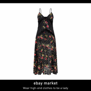 ebay法式气质赫本风洋气，时尚漂亮红玫瑰，花印黑色v领吊带连衣裙显