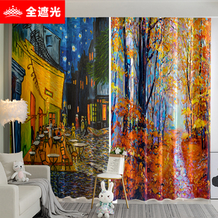 梵高窗帘复古油画田园，风格简约现代油画北欧飘窗客厅卧室遮光布
