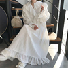 韩国chic洋气优雅重工蕾丝娃娃领荷叶，边拼接压褶宽松喇叭袖连衣裙