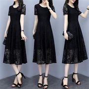 黑色蕾丝裙子2024夏装女质感高级感中长款收腰显瘦短袖连衣裙