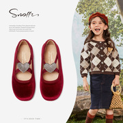 斯纳菲春季女童舞蹈鞋丝绒红色，灰色软底宝宝皮鞋，公主鞋演出鞋