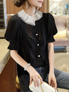 法式黑色雪纺衫女灯笼袖，蕾丝拼接气质高级衬衫，2024夏季欧洲站