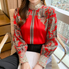 红色缎面衬衫2024春季时尚设计感蕾丝半高领重磅桑蚕丝上衣YS884