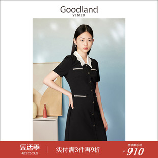 Goodland美地女装夏季法式黑白撞色翻领修身显瘦连衣裙