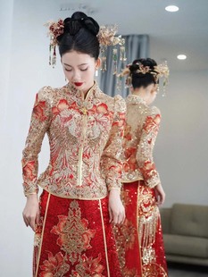 红金马来褂重工秀禾服结婚中式婚纱礼服，新娘出阁服显瘦嫁衣