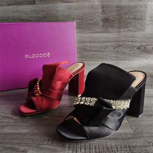BLOCCO5品牌断码真丝女鞋宴会水钻粗高跟礼服气质凉拖鞋欧美
