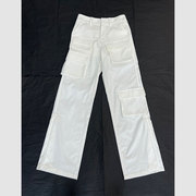 XIWA欧洲站英伦风白色休闲直筒长裤高腰不对称多口袋工装裤女