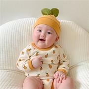 ins春秋款韩国婴儿可爱柠檬家居服连体哈衣男女宝宝爬服2件套装