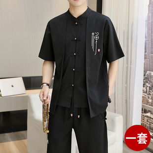 中国风短袖t恤男士，休闲夏季假两件国潮男装，棉麻盘扣汉服2件套套装