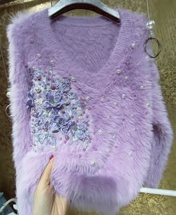 2022冬季水钻香芋紫花朵仿水貂绒保暖加厚厚实皮草毛衣