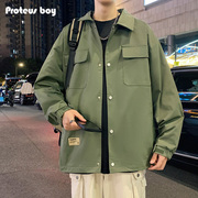 proteusboy纯色暗扣翻领，宽松薄款休闲工装夹克外套23pbcj5382