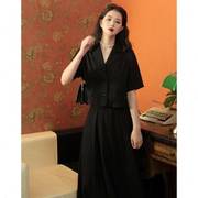 京都学姐夏季复古黑色女套装，v领短袖西装外套显瘦半身长裙