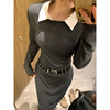 王少女的店灰色假两件衬衫针织连衣裙2024秋冬法式气质显瘦长裙子
