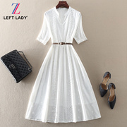 夏装气质优雅高端女装中长款收腰大摆裙白色短袖蕾丝连衣裙子