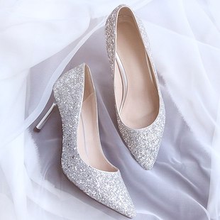 2021冬季高跟鞋结婚鞋子新娘鞋亮片，水晶鞋细跟婚鞋女银色伴娘