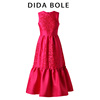 didabole重工镂空刺绣，显瘦中长款修身大摆玫红色连衣裙0321400168