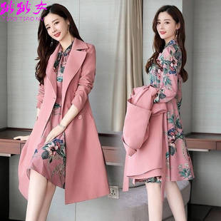时尚韩版2024秋季套装中长款长袖连衣裙风衣外套女两件套