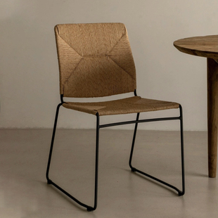 中古风简约餐椅侘寂风家用靠背编绳铁艺，餐桌椅设计师现代书桌椅子