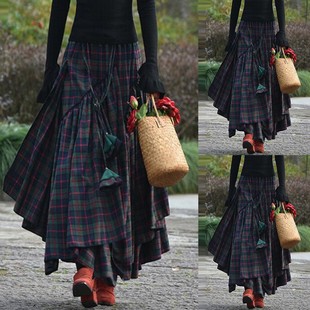 Plaid  stitching irregular long skirt 格纹拼接不规则半身长裙