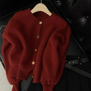 法式复古小香风酒红色针织开衫，女2023秋冬设计感小众毛衣外套