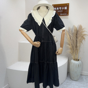 米米可2023夏季韩版复古撞色娃娃领短袖连衣裙女宽松系带长裙