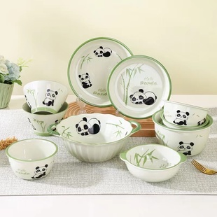 果奈熊猫碗家用2023网红餐具高颜值陶瓷，盘子碗套装儿童饭碗
