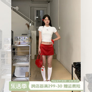 宋正恩缎面红色低腰半身裙女夏季辣妹直筒显瘦高级小个子短裙