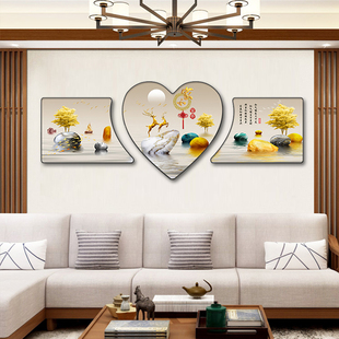 现代简约客厅装饰画高档创意沙发背景墙，三联画家和山富贵山水挂画