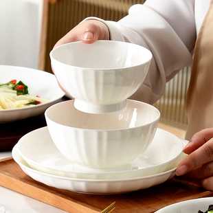 唐山骨瓷饭碗白色浮雕餐具白瓷碗2024碗家用高脚碗陶瓷碗面碗