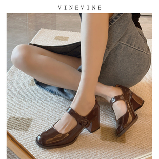 vinevine蔓蔓法式漆皮玛丽珍鞋子高跟鞋复古真皮，浅口气质粗跟单鞋