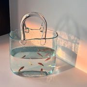 鱼缸小型摆件好看的办公室手提包式家用金鱼水族箱创意桌面玻璃缸