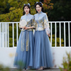 中式伴娘服女2024夏季姐妹团蓝色礼服旗袍中国风汉服伴娘裙装