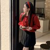 红色氛围感蝴蝶结毛衣开衫女春季季灯笼(季灯笼)袖设计感针织外套短款上衣