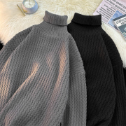 深灰色高领毛衣男2023秋冬季针织衫宽松慵懒风线衣纹理上衣潮