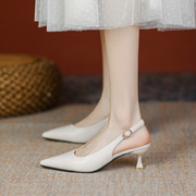 尖头后空细跟白色高跟鞋，女2023秋夏季韩版一字带法式包头凉鞋