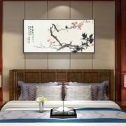 客厅装饰画新中式风格沙发，背景墙挂画张大千荷花，中国风书房壁画横